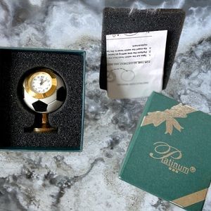 MINI GOLD SOCCER BALL CLOCK TROPHY STAND FIGURINE